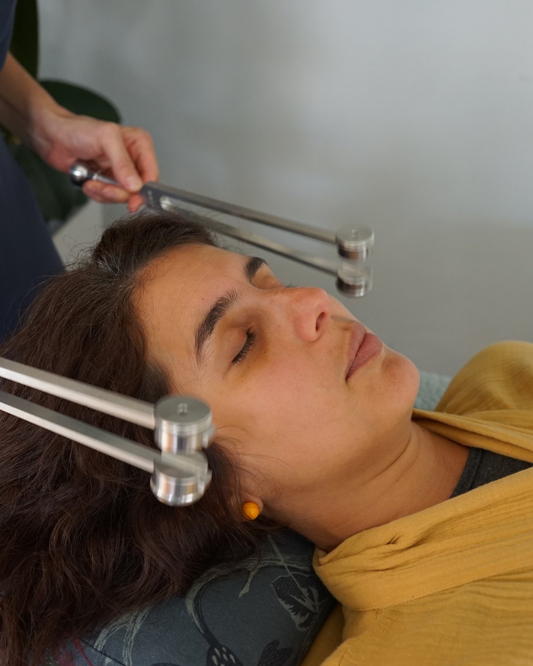 Tuning forks held beside a client during a Biofield Tuning session