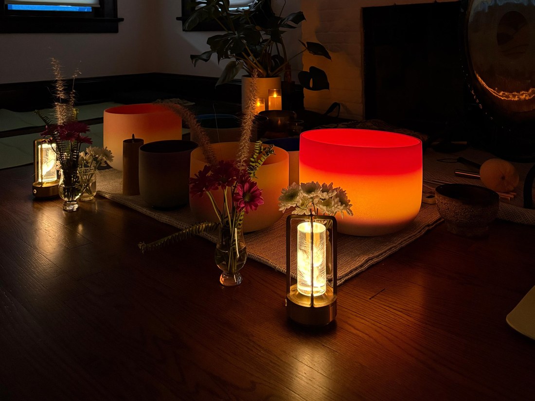 Crystal bowls, lanterns and the gong lit for an evening event